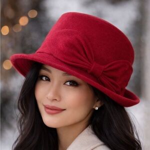Chic Red wool Women's Fedora Hat with Bow Detail❤️M
